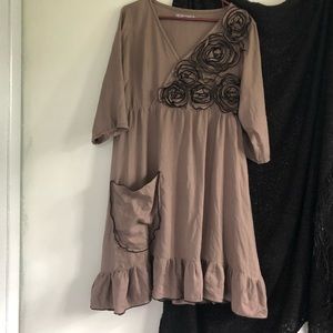 Sarah Clemens Clothing Linen Flower Tunic Dress, brown, M/L